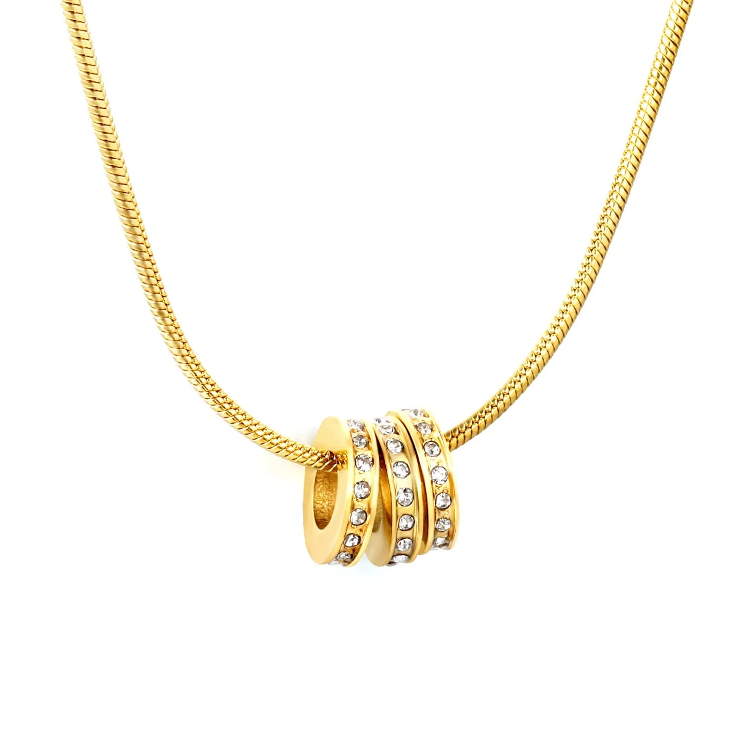 2*8.64mm hollow three-ring set with diamonds 1.2mm round snake chain 40+5+6mm round tail pendant necklace in gold asonjewelry